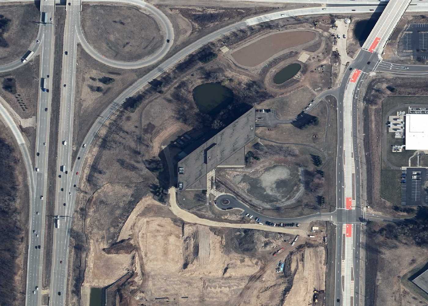 Aerial view of 500 Bielenberg Drive data center facility showing large footprint
